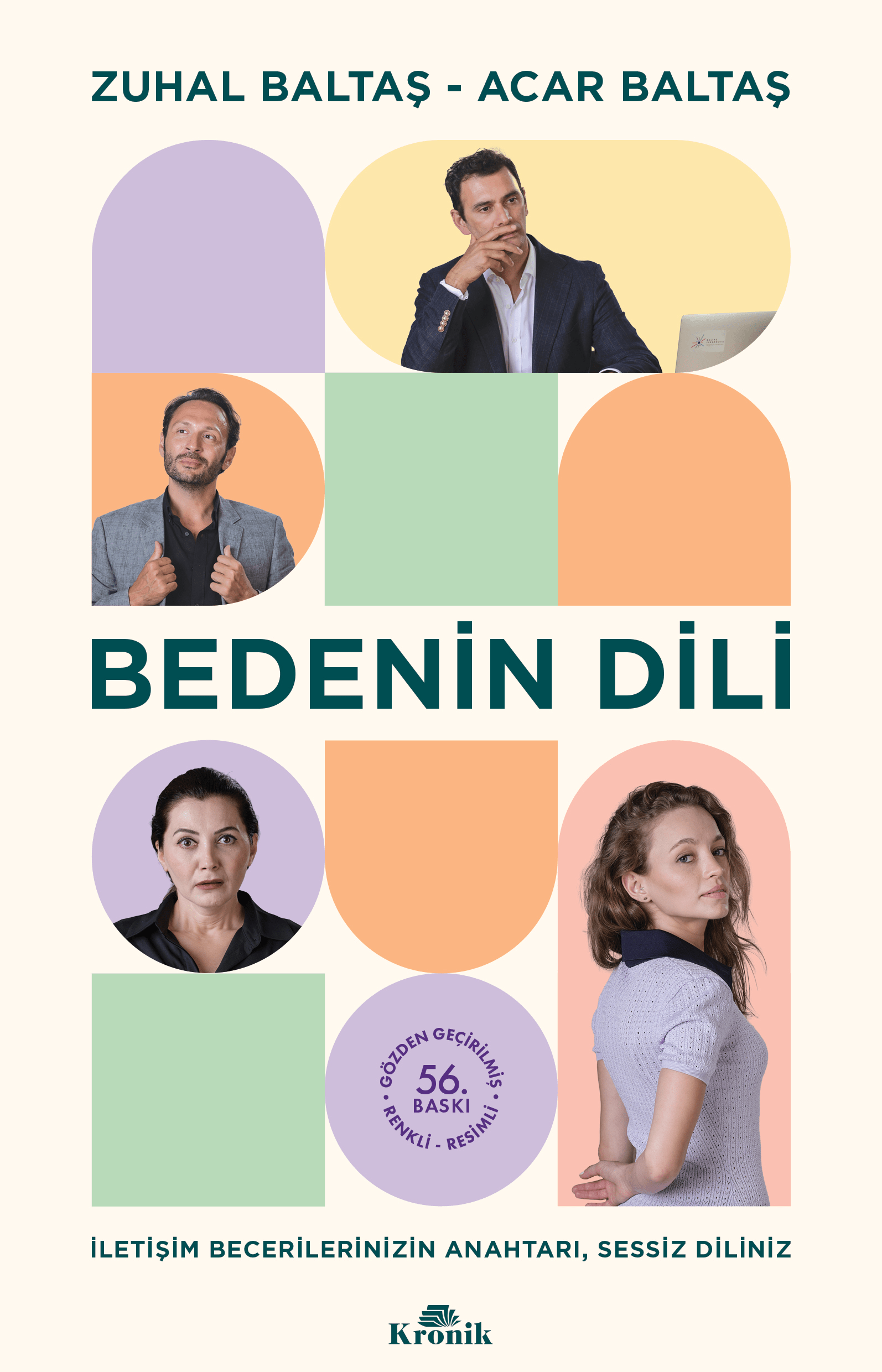 bedenin-dili - Baltaş Grubu Book cover titled 'BEDENİN DİLİ' with multicolored rounded shapes and portraits of diverse people on a pale background.