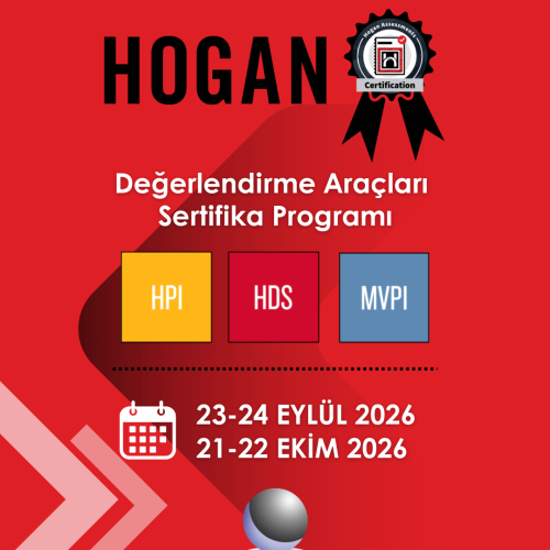 duyuru - Baltaş Grubu Kırmızı Hogan posterinde 'Değerlendirme Araçları Sertifika Programı' başlığı, HPI/HDS/MVPI kutuları ve etkinlik tarihleri (23-24 Eylül 2026; 21-22 Ekim 2026); Baltaş Grubu logosu.